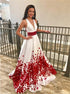 A Line White And Red V Neck Satin Printed Prom Dress LBQ3031
